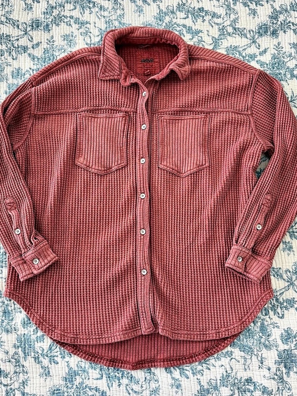 Aerie Waffle Knit Button-Up Shacket Pink Small